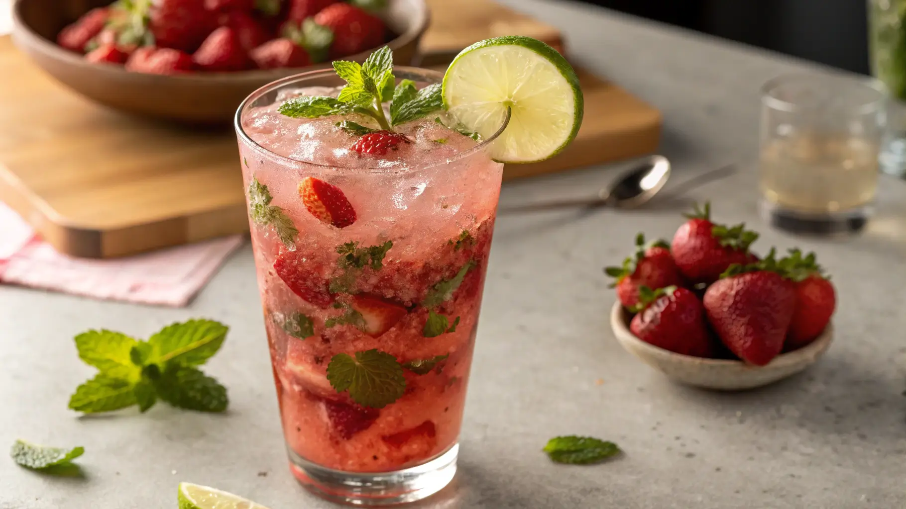 Close-up of a fresh Strawberry Mojito with mint and lime in a clear glass on a kitchen counter