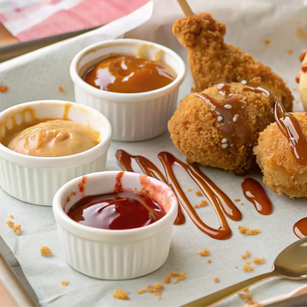 Fried chicken ice cream bites served with sweet dipping saucescaramel, chocolate, strawberry syrup, honey, and peanut butterin white ramekins.