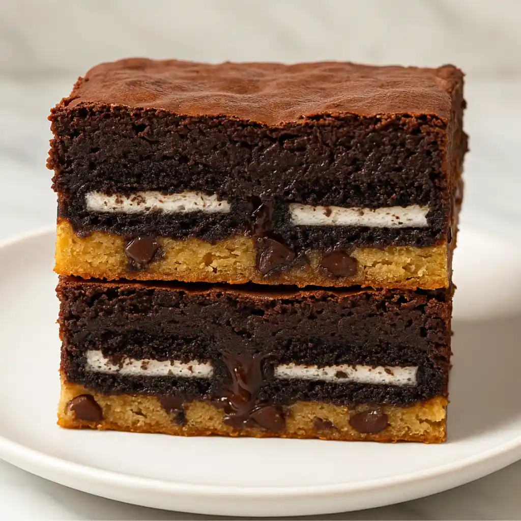 Close-up of two stacked slutty brownie bars on a white plate, showing clear layers of chewy chocolate chip cookie base, whole Oreo cookies in the middle, and a thick, fudgy brownie top. The rich chocolate filling is slightly melted, highlighting the gooey texture of this indulgent cookie Oreo brownie dessert.