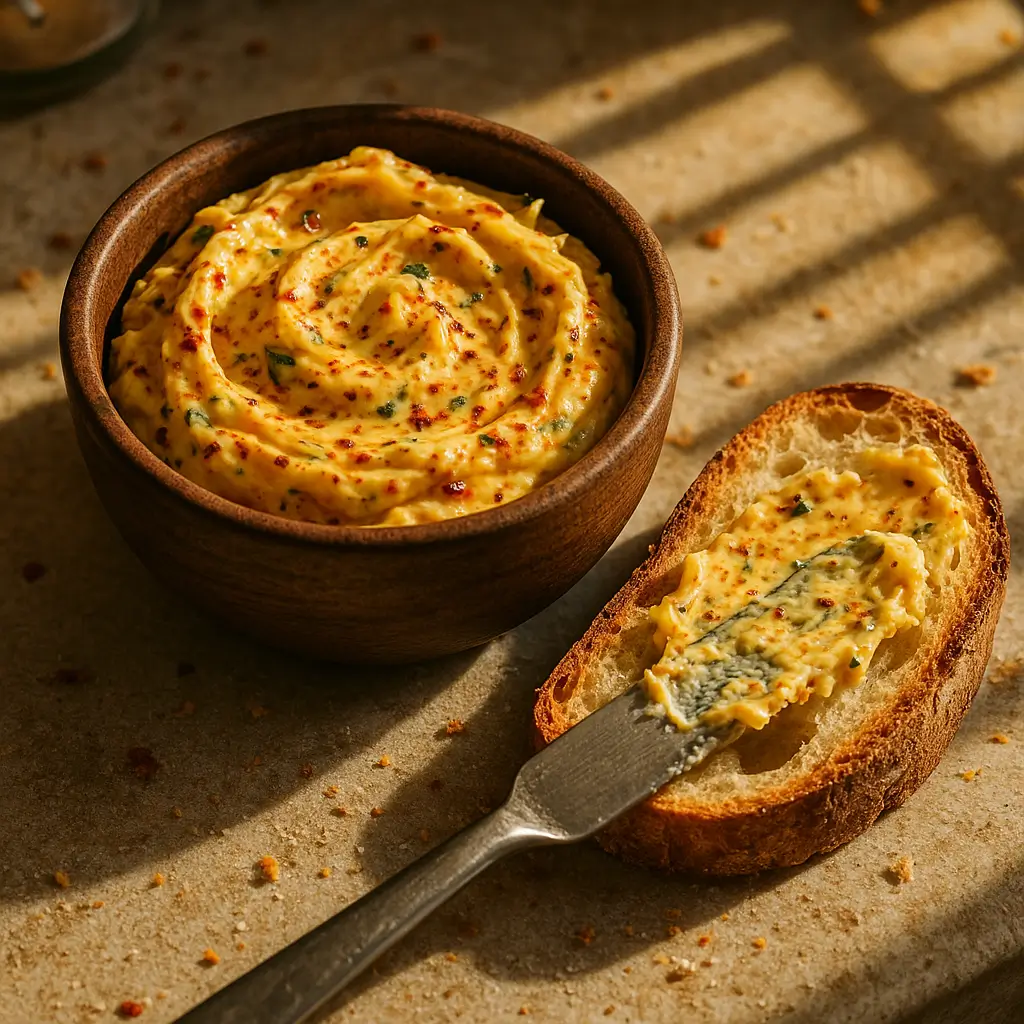 Rustic bowl of cowboy butter on a messy kitchen counter, surrounded by crusty bread and natural light – spicy garlic mustard butter