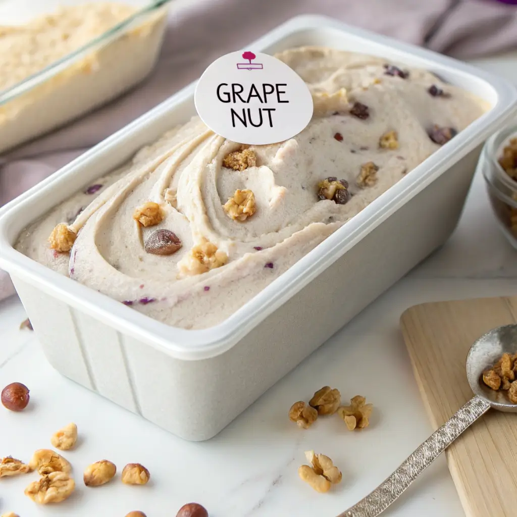 Container of creamy homemade Grape Nut Ice Cream topped with crunchy cereal bits, set on a white countertop a nostalgic Jamaican-inspired ice cream made with vanilla and grape nuts cereal.