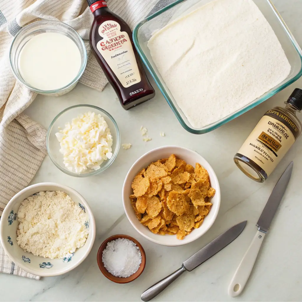 Ingredients and tools laid out for making fried chicken ice cream, including heavy cream, condensed milk, vanilla, cornflakes, and white chocolate chips.