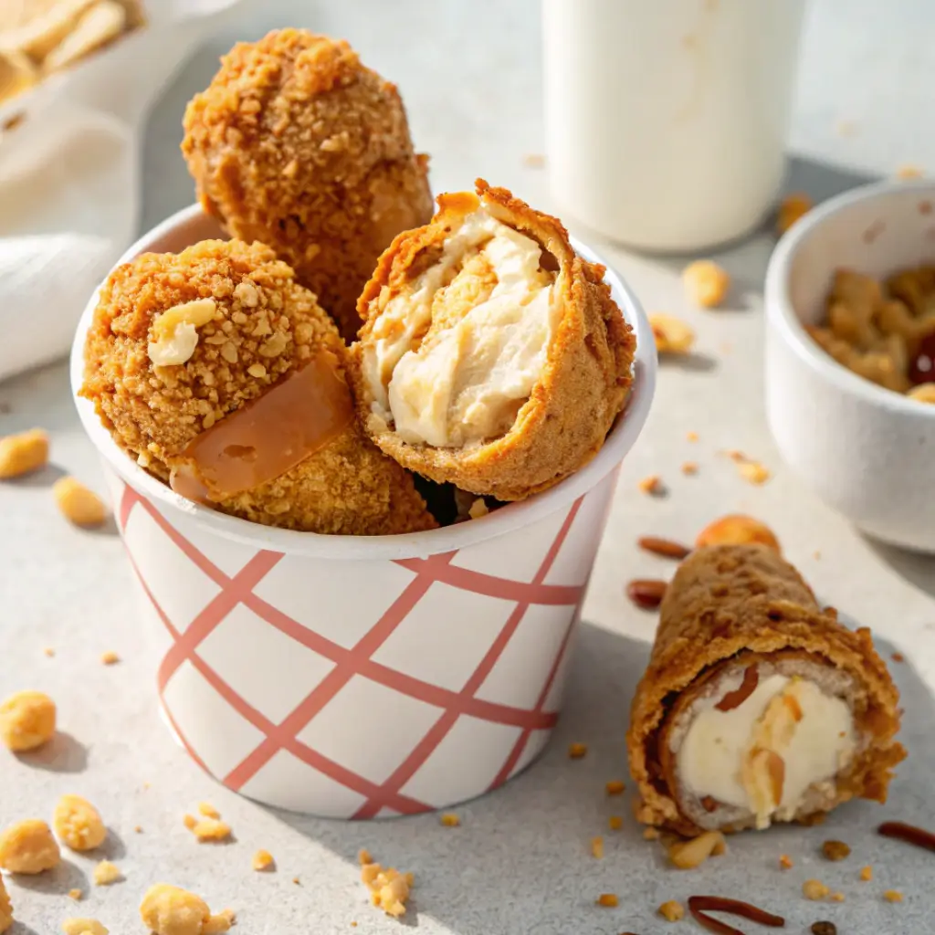 A close-up of fried chicken ice cream drumsticks in a paper bucket, coated in golden cornflakes with one bar bitten to reveal vanilla ice cream inside.