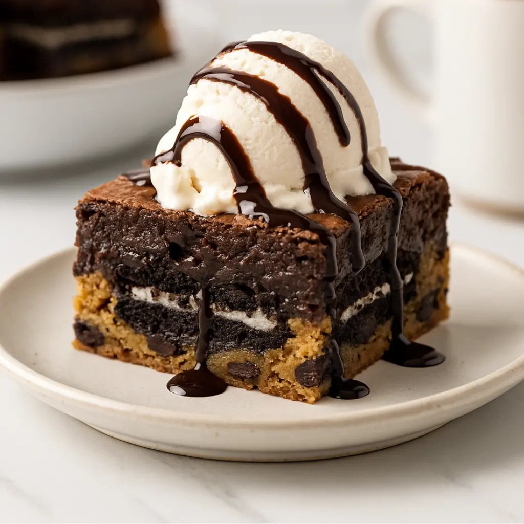 Slutty brownie slice served with vanilla ice cream and chocolate drizzle on top—showcasing gooey layers of cookie dough, Oreo, and rich brownie.