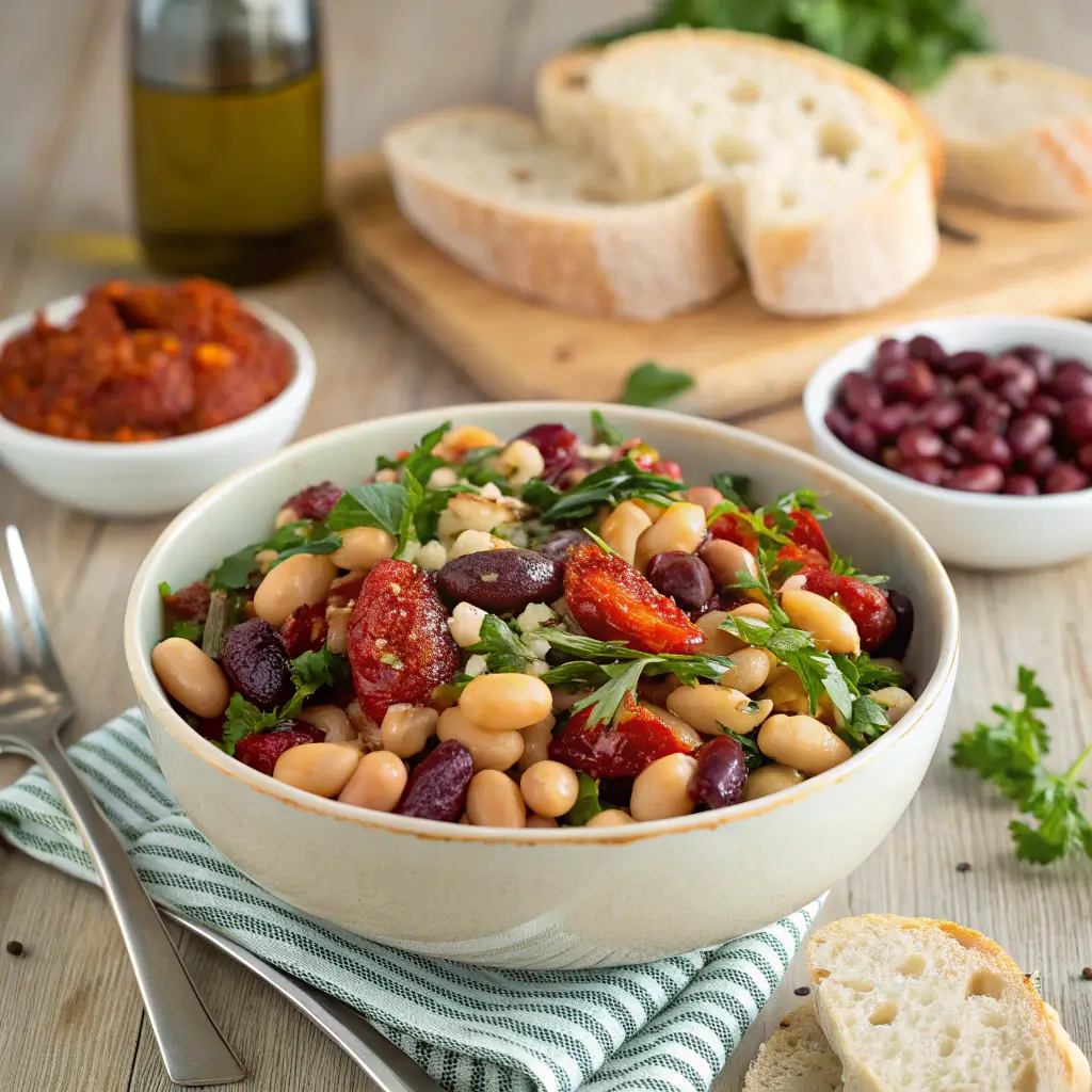 Bowl of dense bean salad with sun dried tomatoes, white and red kidney beans, fresh parsley, and olive oil, served with crusty bread on a rustic table