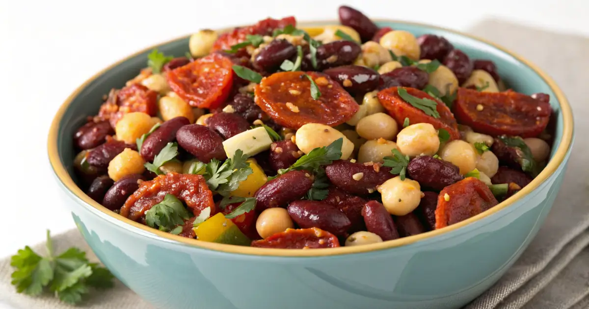 A bowl of dense bean salad with sun dried tomatoes, chickpeas, red kidney beans, parsley, and chopped vegetables.