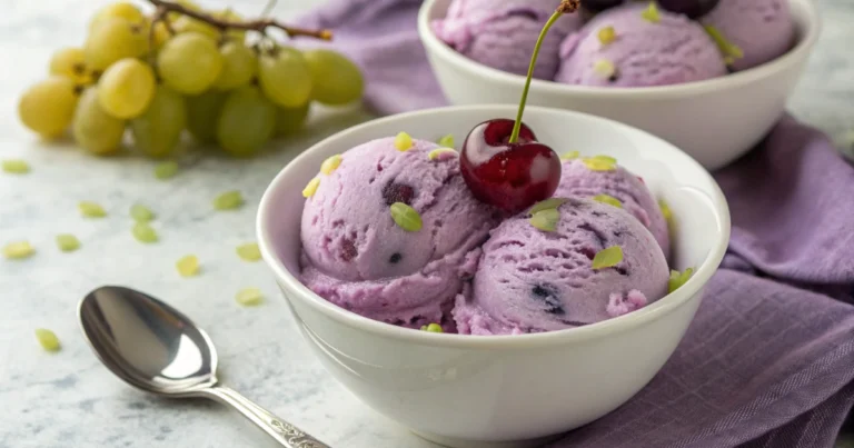 Grape Ice Cream Is the Flavor You Didn’t Know You Needed Close-up of homemade grape ice cream recipe with visible jelly swirls on a white plate.