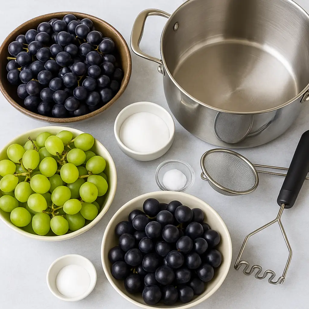 Ingredients for homemade grape juice including Concord, green, and black grapes, sugar, baking soda, and tools like a stockpot, sieve, and potato masher.