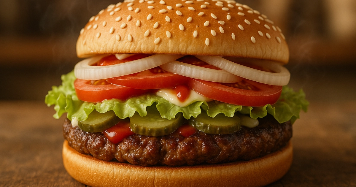 Realistic homemade Burger King Whopper with classic toppings on wooden board