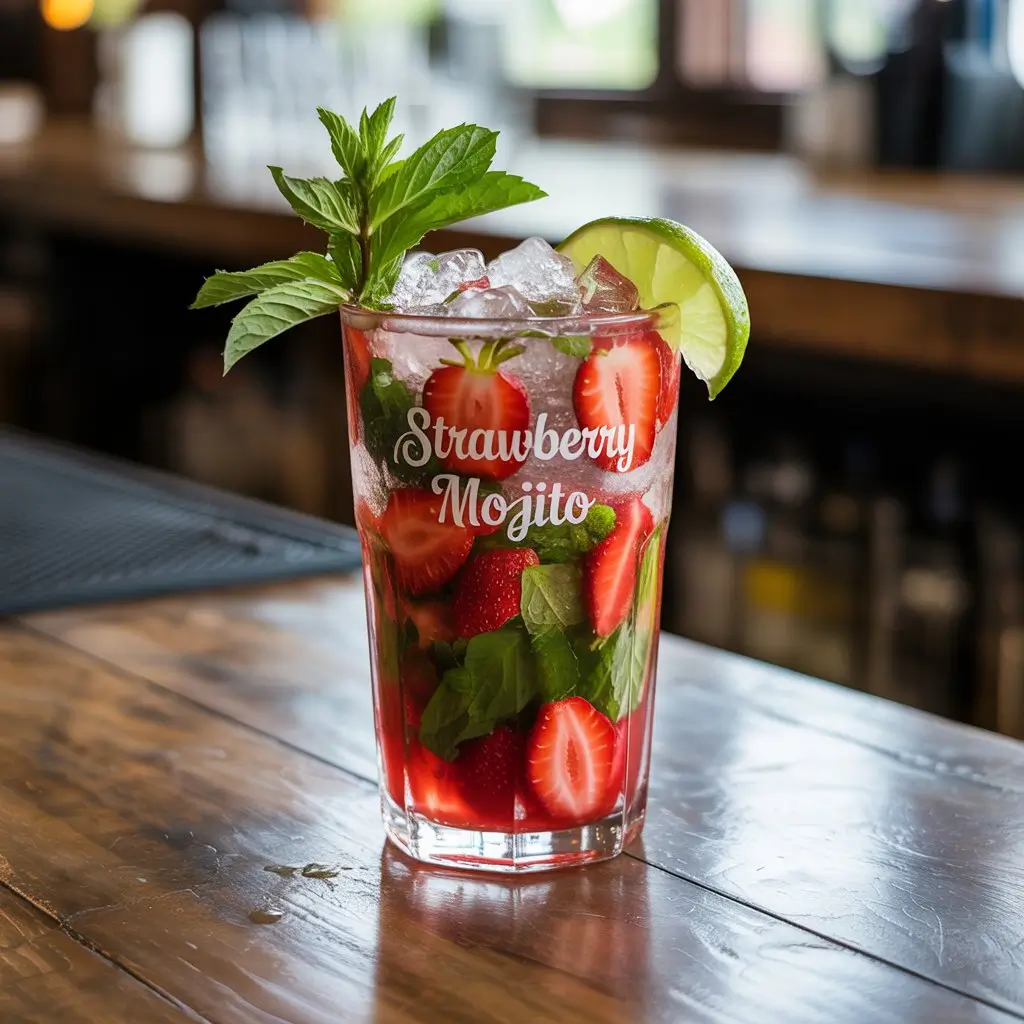 Close-up of a homemade Strawberry Mojito with fresh strawberries, lime, and mint in a clear glass