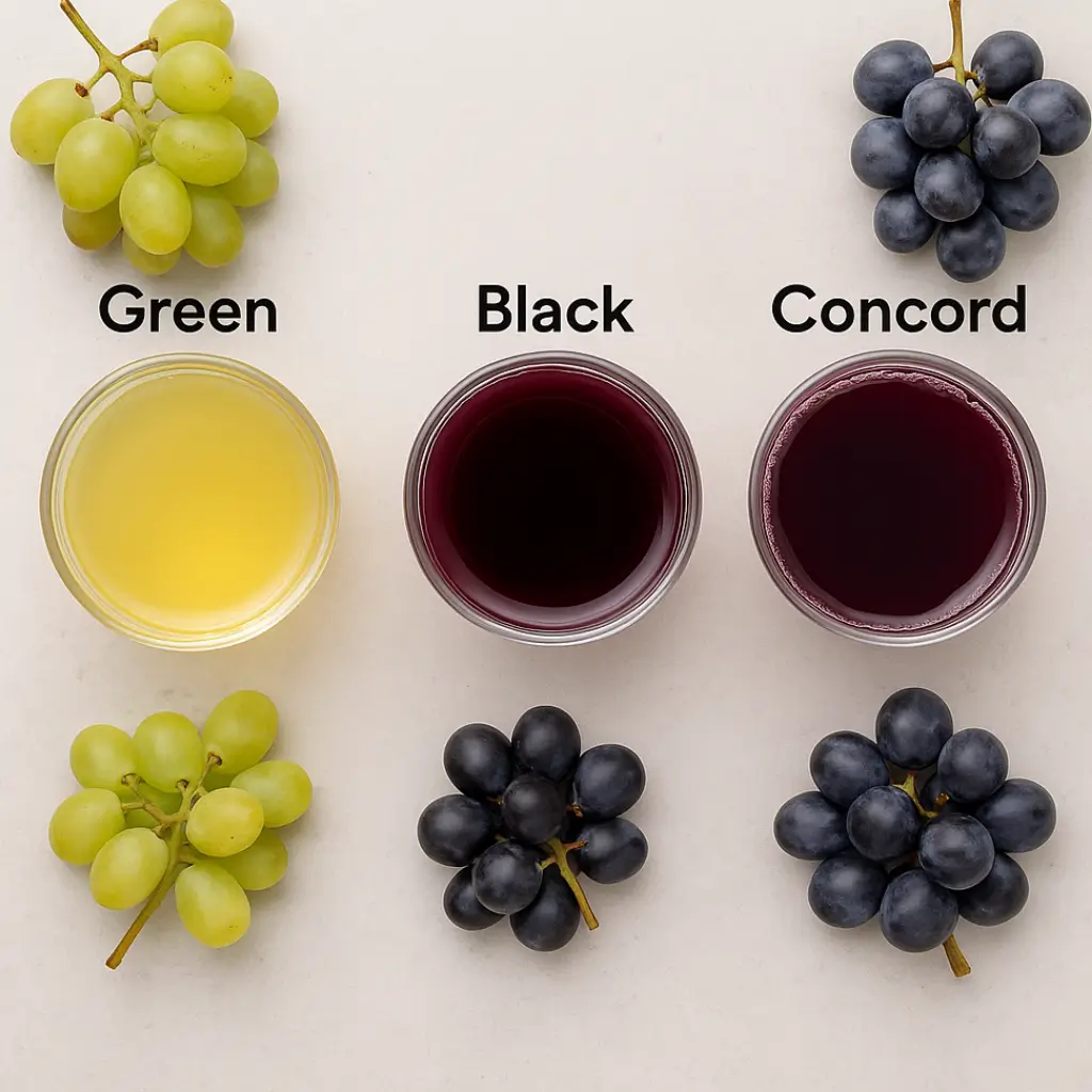 Three glasses of homemade grape juice made from Concord, green, and black grapes, showcasing color and flavor variations from different grape types.