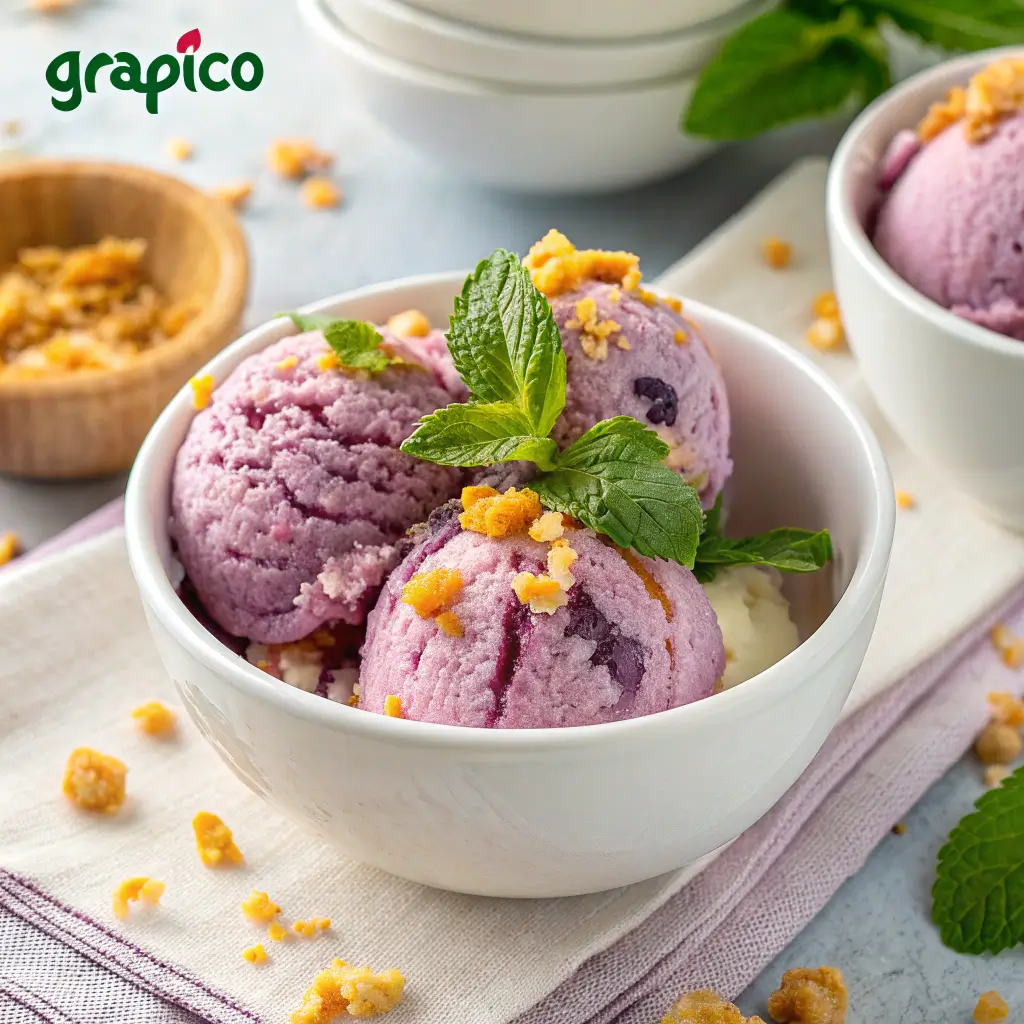 Bowl of Grapico Ice Cream with mint garnish and cookie crumbles on a napkin with scattered crumbs