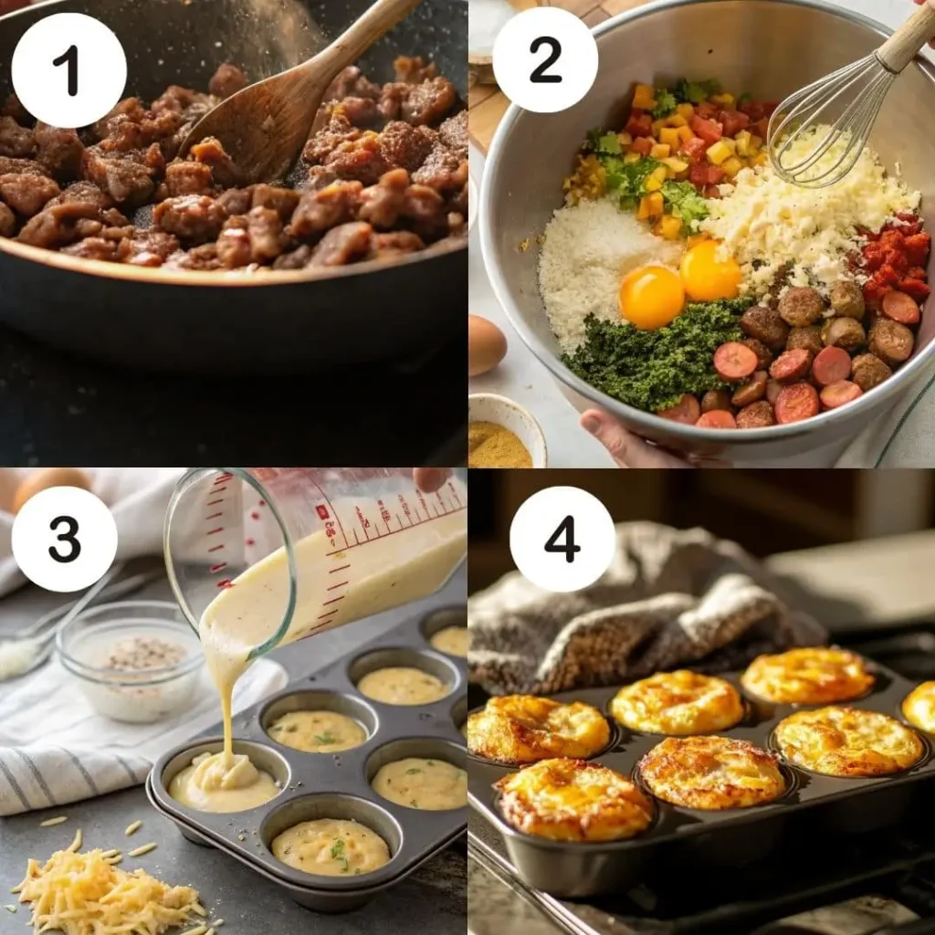 Step-by-step process of making Cheese and Sausage Egg Muffins, from cooking sausage and mixing ingredients to pouring batter into muffin tins and baking golden, fluffy muffins.