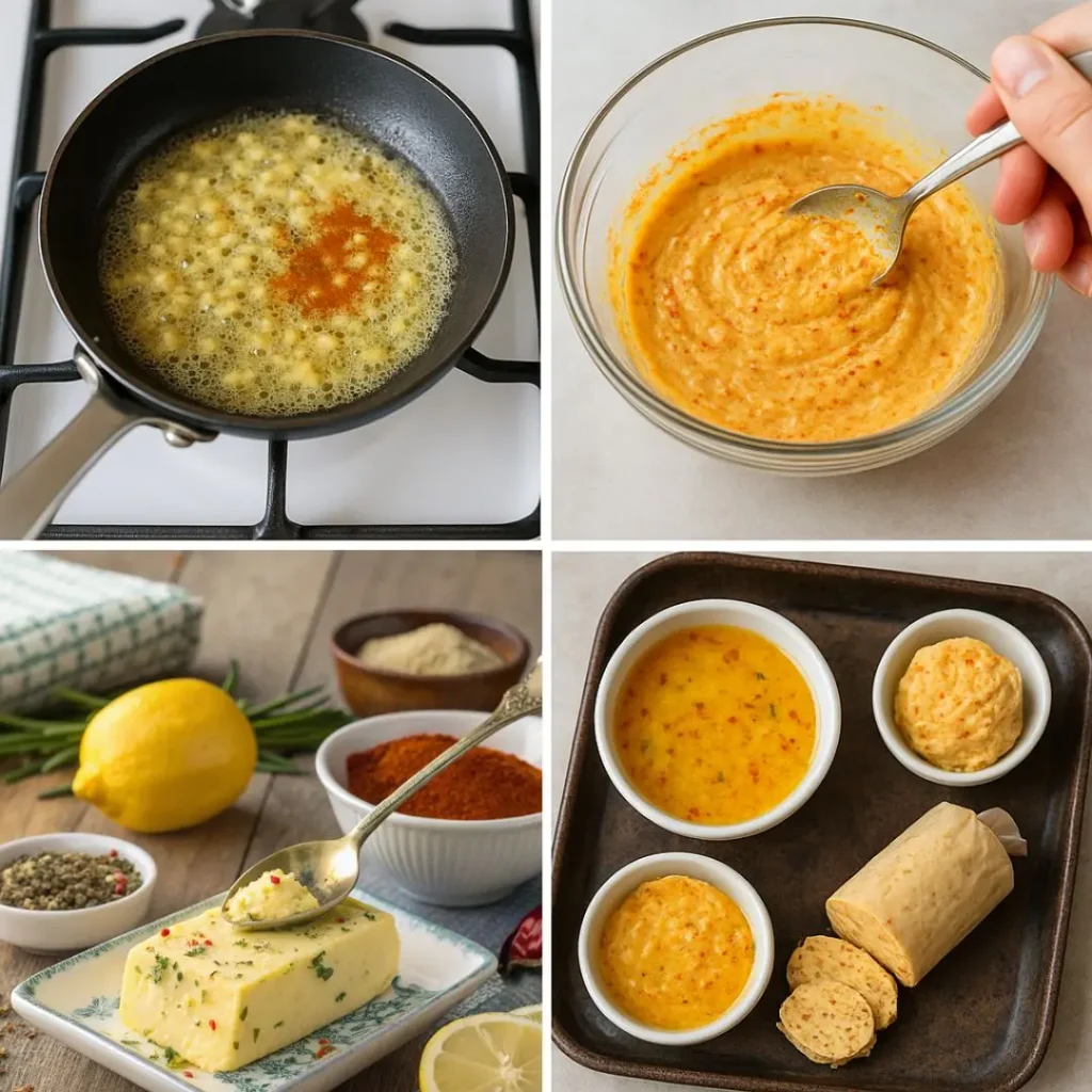 Step-by-step preparation of Cowboy Butter showing melted butter with spices, mixed sauce in a bowl, ingredients like lemon and herbs, and various finished forms of Cowboy Butter in ramekins and a butter log.