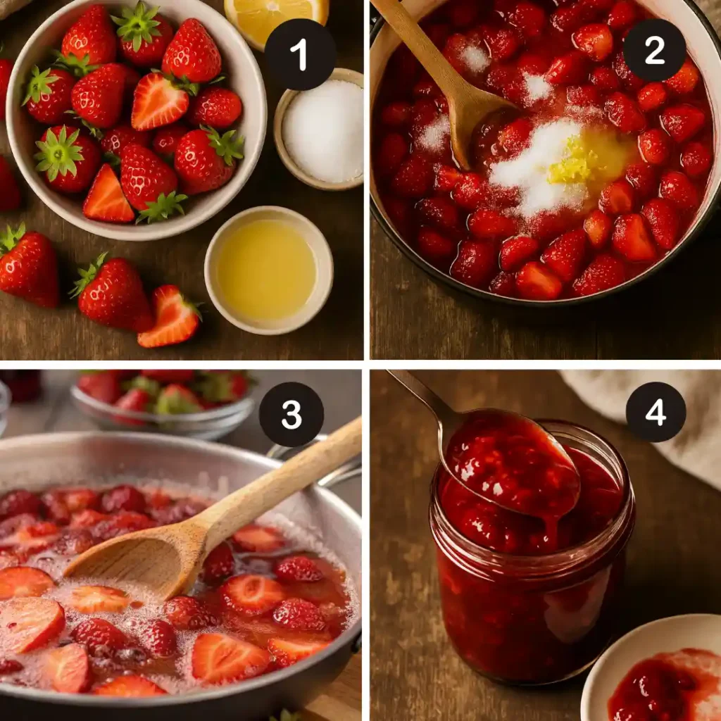 A step-by-step collage showing how to make homemade strawberry preserves recipe without pectin, from fresh ingredients to simmering and jarring the preserves.