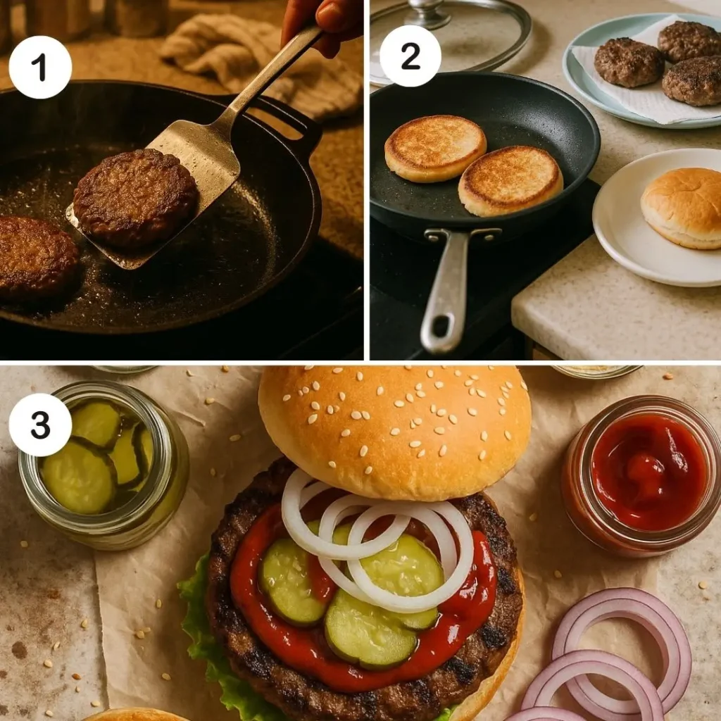 Step-by-step process of making a homemade Burger king Whopper, showing beef patties cooking in a skillet, sesame buns toasting, and the burger being assembled with pickles, ketchup, and onions