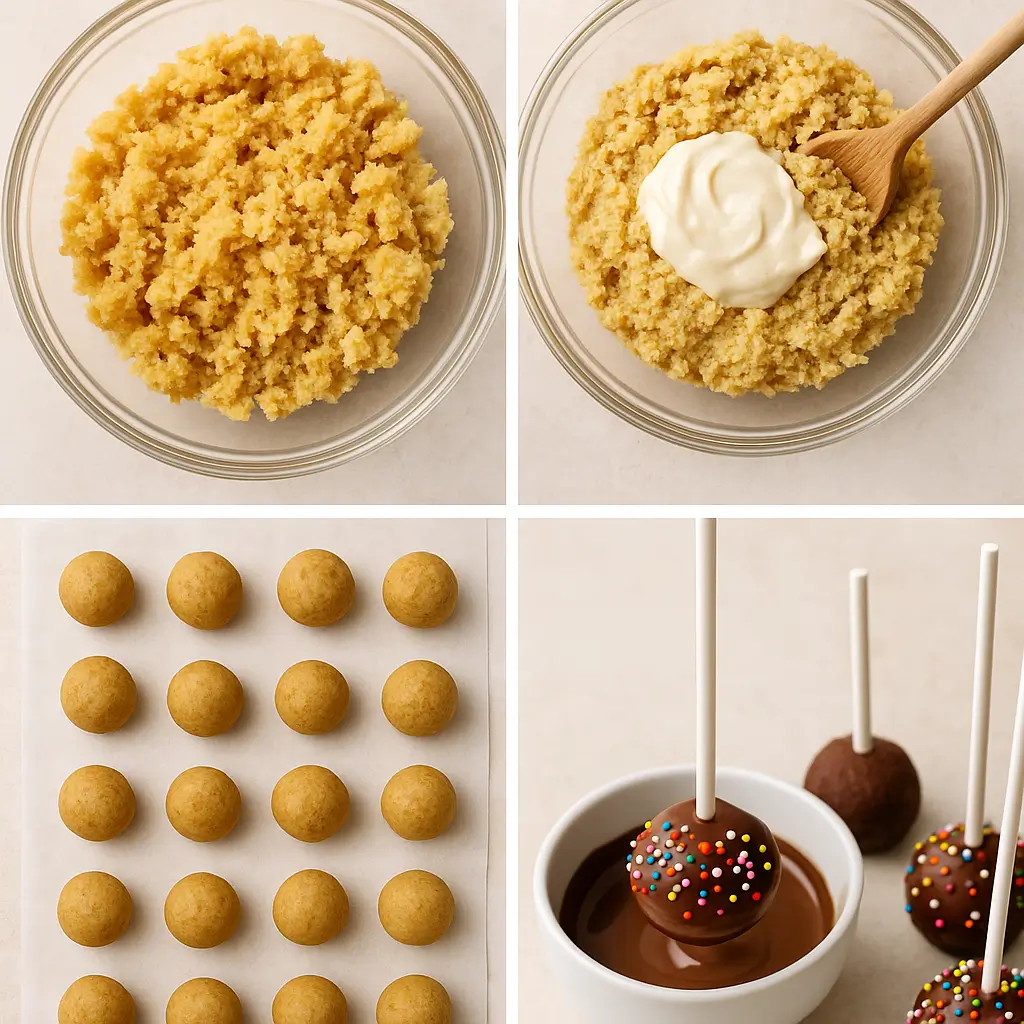 Four-step collage showing cake pops being made: cake crumbles in a bowl, frosting mixed in, rolled cake balls on parchment, and chocolate-dipped cake pops with sprinkles
