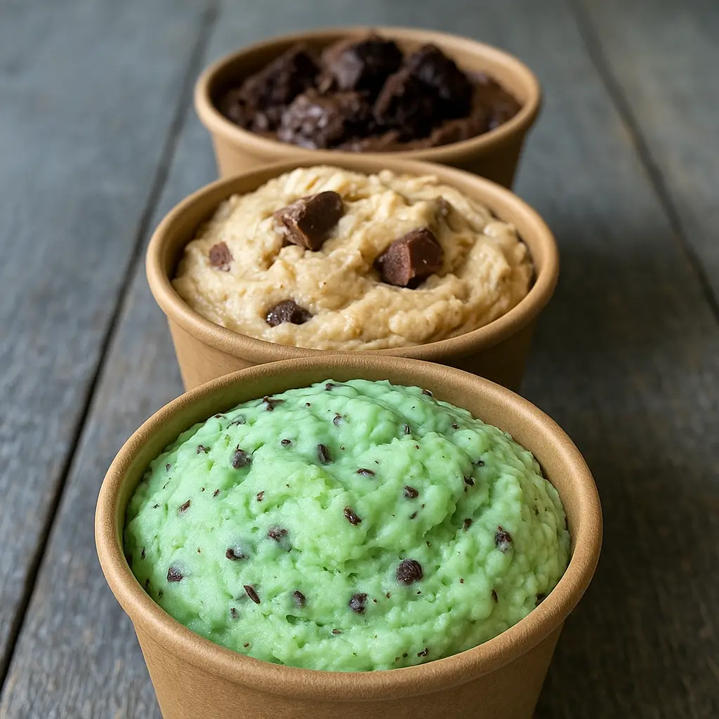 Three pints of homemade ice cream in a row—mint chocolate chip, peanut butter, and chocolate—demonstrating the variety of flavors for a recipe on how to make ice cream without a machine.
