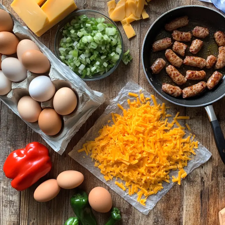 Overhead view of raw ingredients for Cheese and Sausage Egg Muffins laid out on a kitchen counter, including eggs, cheese, sausage, peppers, and onion.