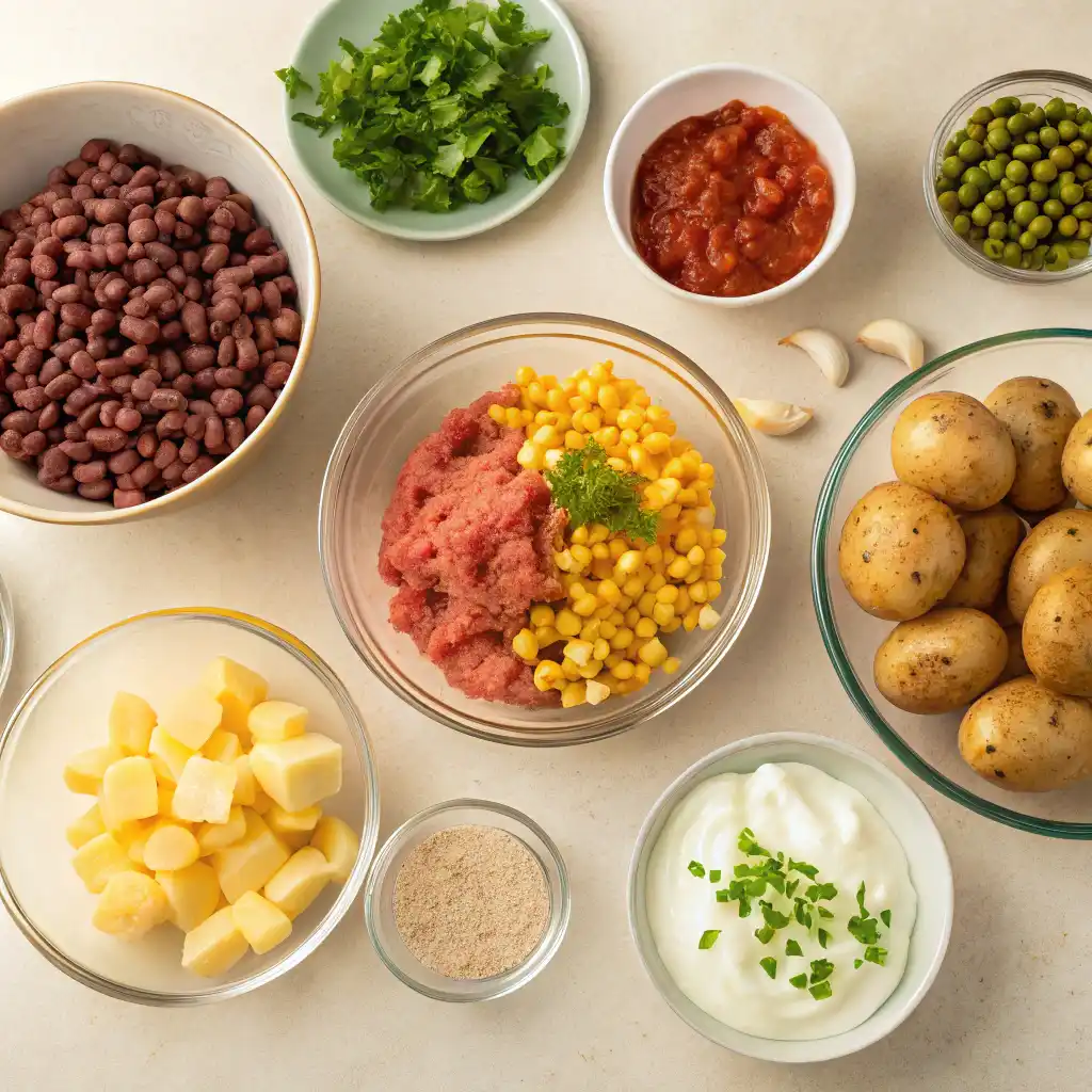 An overhead view of slow-cooker cowboy casserole ingredients, including red potatoes, beans, corn, ground beef, and seasonings arranged in ceramic bowls.