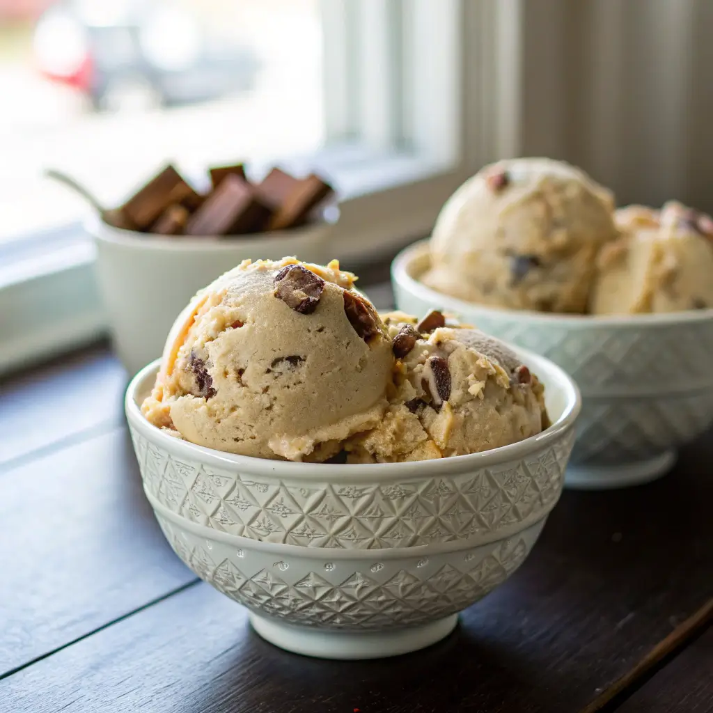 Two scoops of homemade peanut butter cup ice cream in an ornate white bowl, showing a delicious serving that illustrates how to make ice cream without a machine.