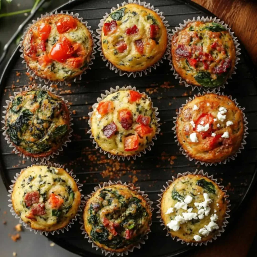 Overhead view of assorted Cheese and Sausage Egg Muffins with toppings like spinach, tomatoes, bacon, and feta, arranged on a cooling rack with crumbs for a homemade, rustic feel.