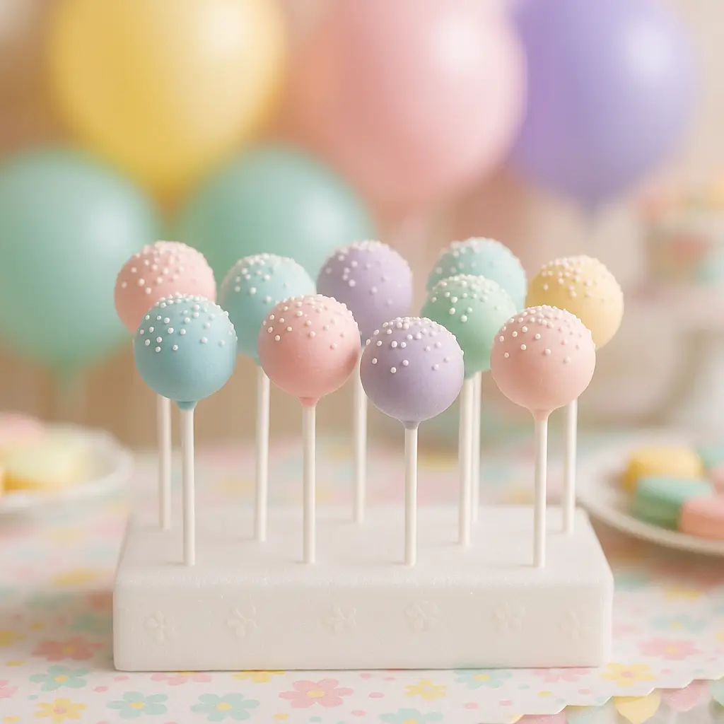 Cake pops in pastel colors arranged in a foam stand on a decorated dessert table with blurred balloons in the background