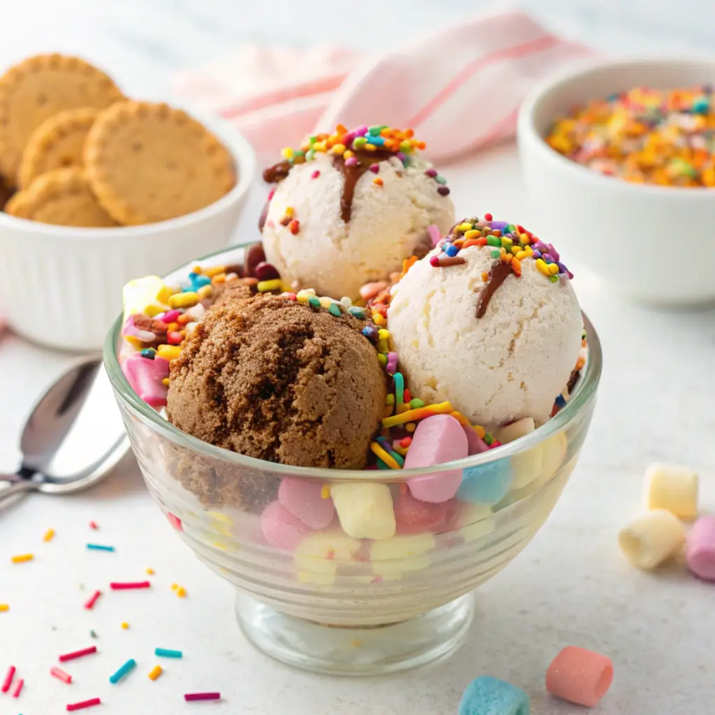 Glass bowl filled with scoops of vanilla and chocolate ice cream, topped with rainbow sprinkles and surrounded by colorful mini marshmallows—perfect for a fun twist on ice cream nachos.