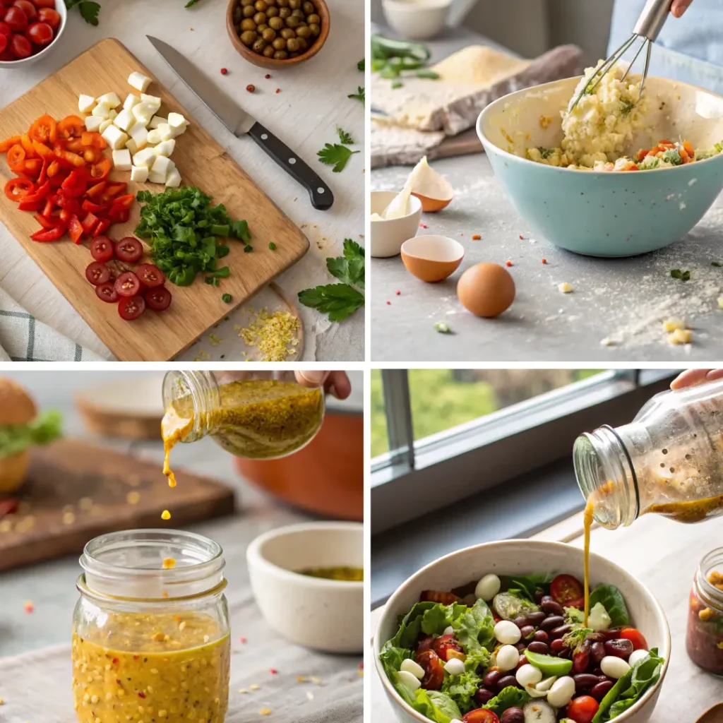 Step-by-step preparation of Dense Bean Salad with Sun Dried Tomatoes, showing chopped vegetables, homemade dressing, and final salad assembly in a bright home kitchen.