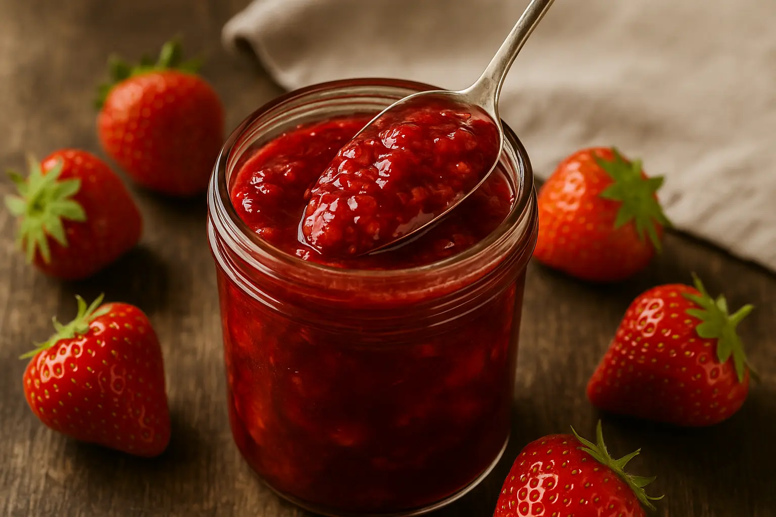 Homemade strawberry preserves in a glass jar with a spoon and fresh strawberries on a rustic wood table