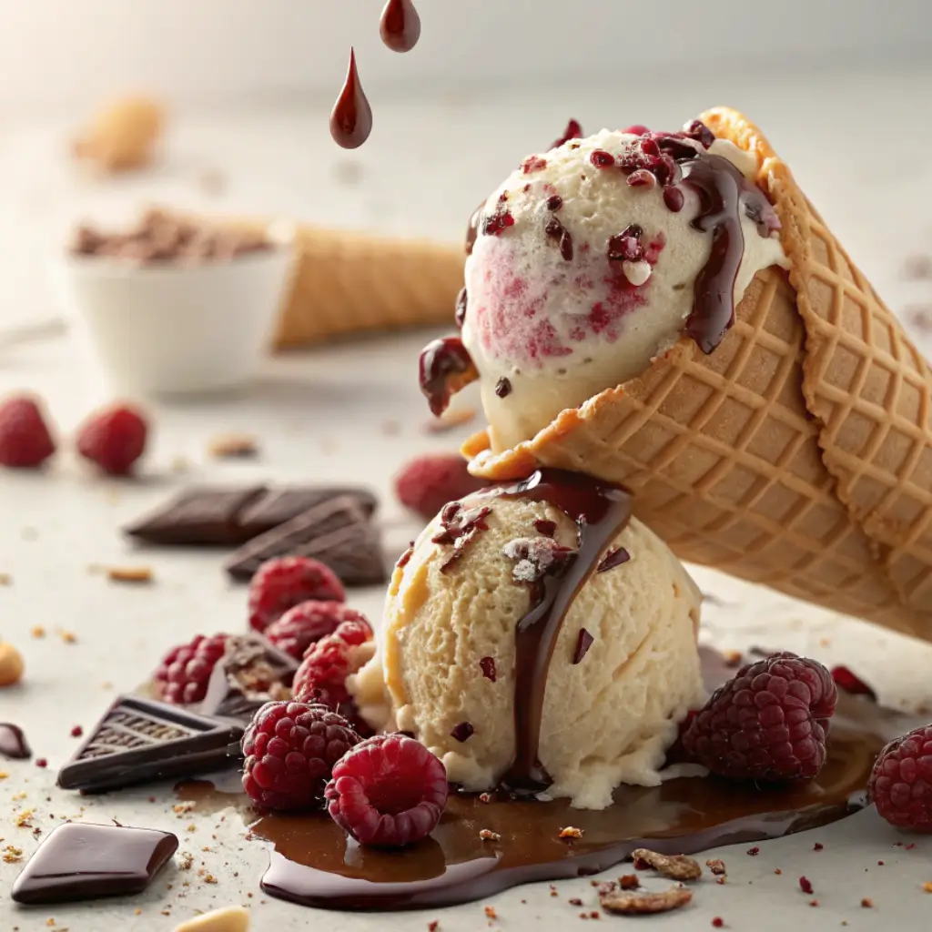 Waffle cone with scoops of vanilla and berry ice cream drizzled with chocolate sauce, surrounded by raspberries, chocolate chunks, and dessert toppings—ideal for ice cream nachos inspiration