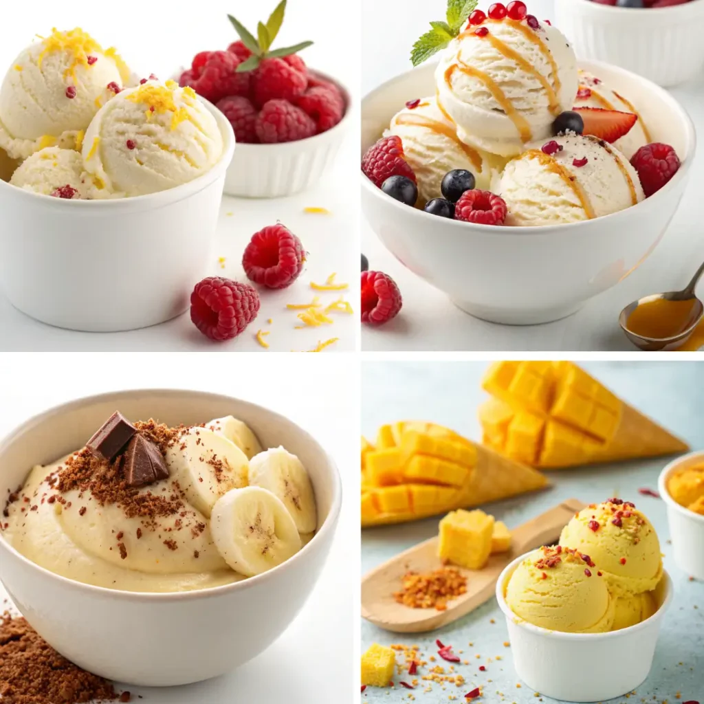Four bowls of 2-ingredient ice cream variations: raspberry lemon yogurt ice cream, honey-drizzled berry ice cream, banana nice cream with chocolate, and mango chili ice cream