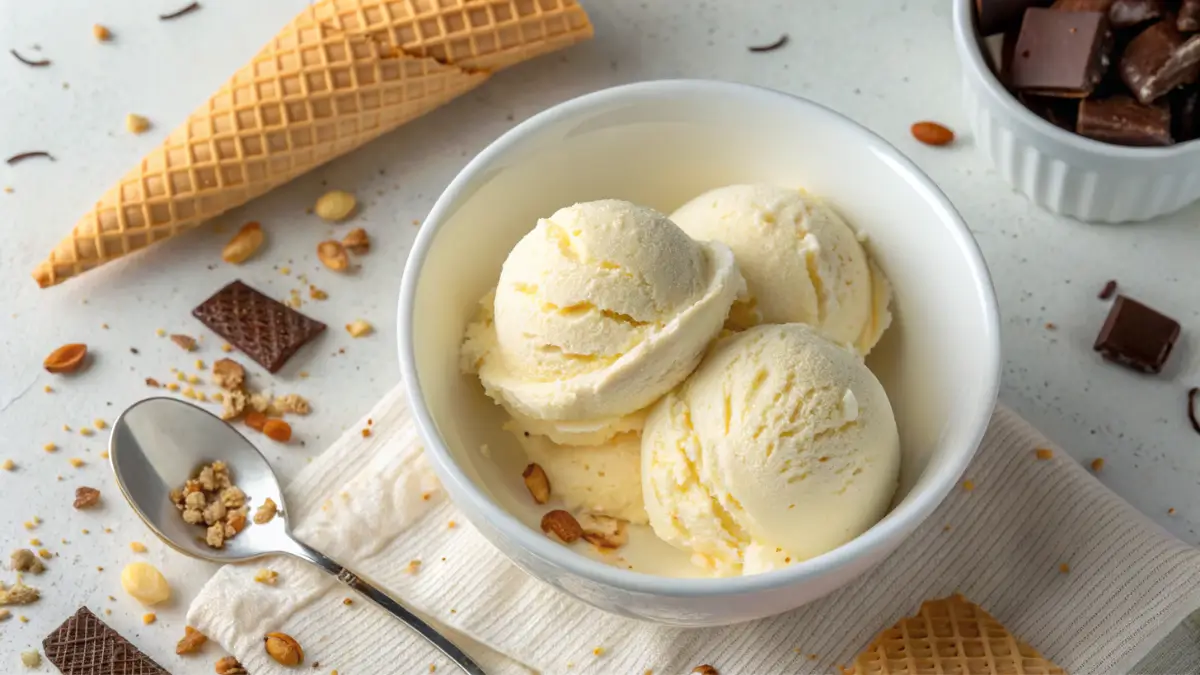 Bowl of homemade 2-ingredient ice cream with vanilla scoops, waffle cone, and chocolate pieces on a light background