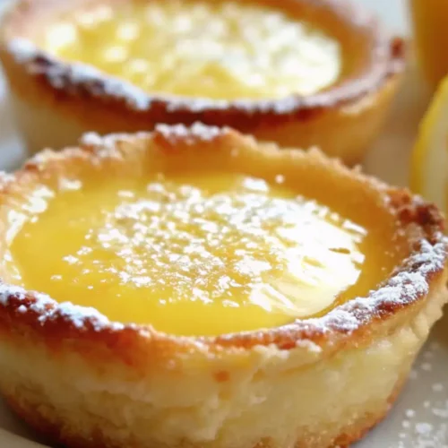 Close-up of baby lemon impossible pies with golden edges and a creamy lemon filling, topped with powdered sugar and sliced lemon in the background.