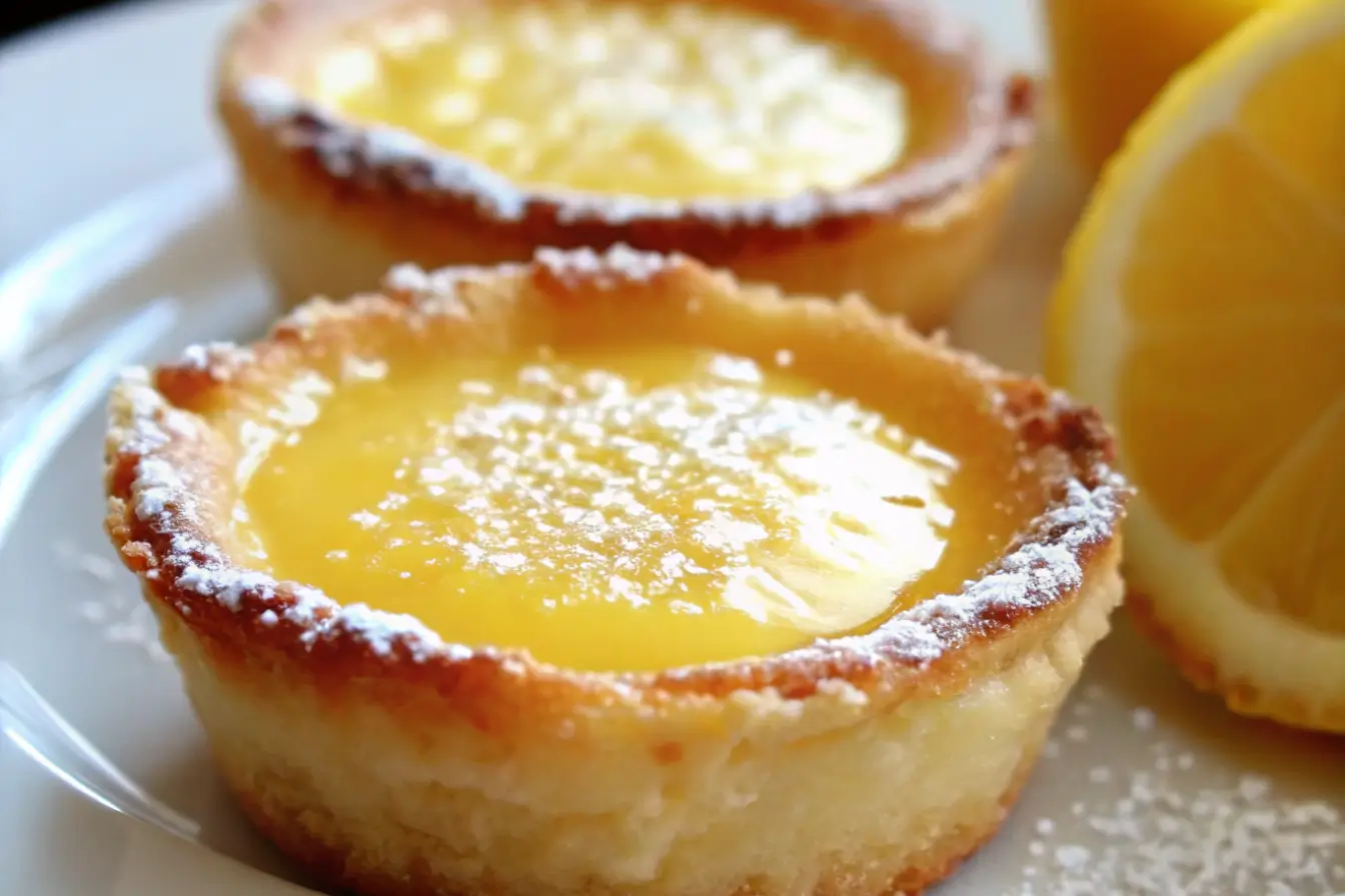 Close-up of baby lemon impossible pies with golden edges and a creamy lemon filling, topped with powdered sugar and sliced lemon in the background.