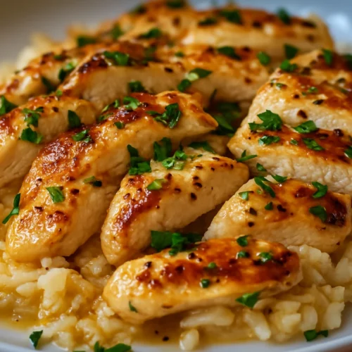 Chicken Scampi with Garlic Parmesan Rice served on a white plate, garnished with parsley and drizzled with lemon garlic butter sauce.