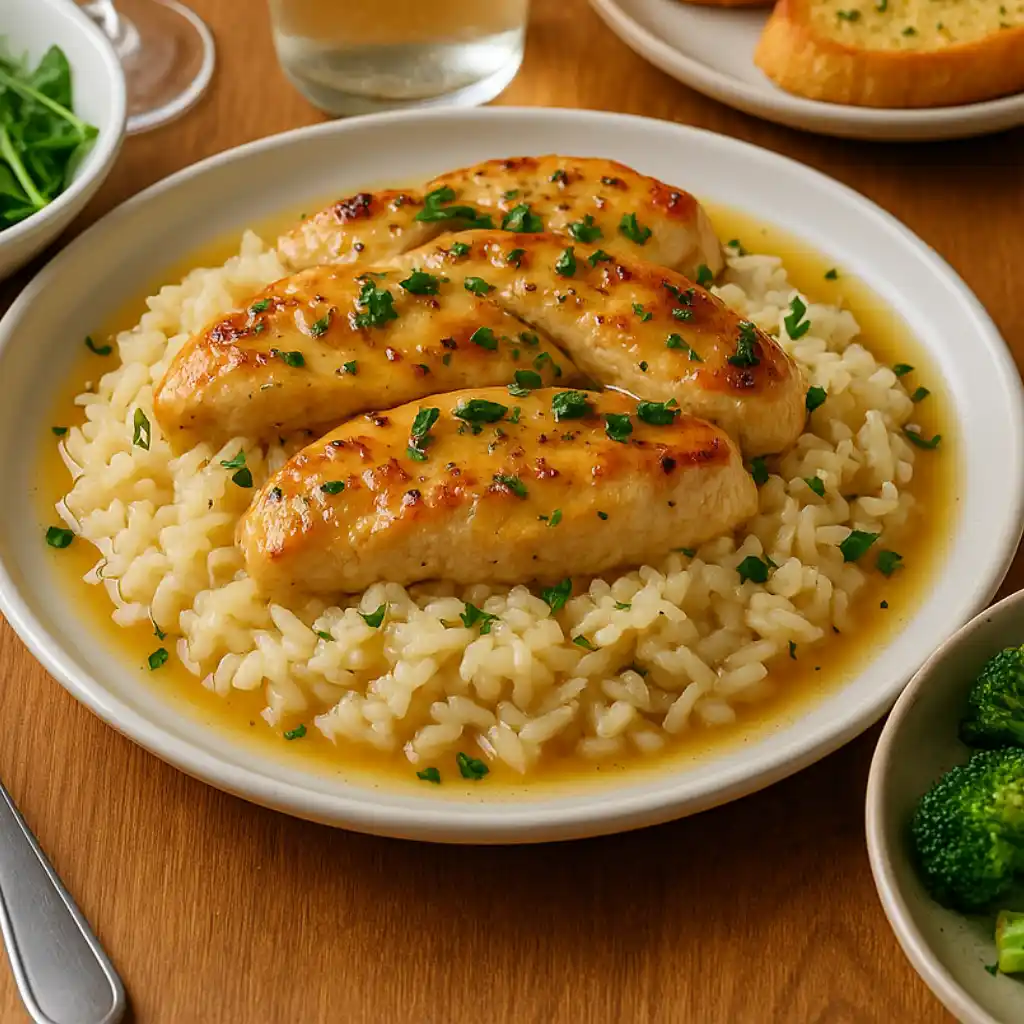 Chicken Scampi with Garlic Parmesan Rice served with broccoli, salad, garlic bread, and white wine — a complete one-pan dinner.