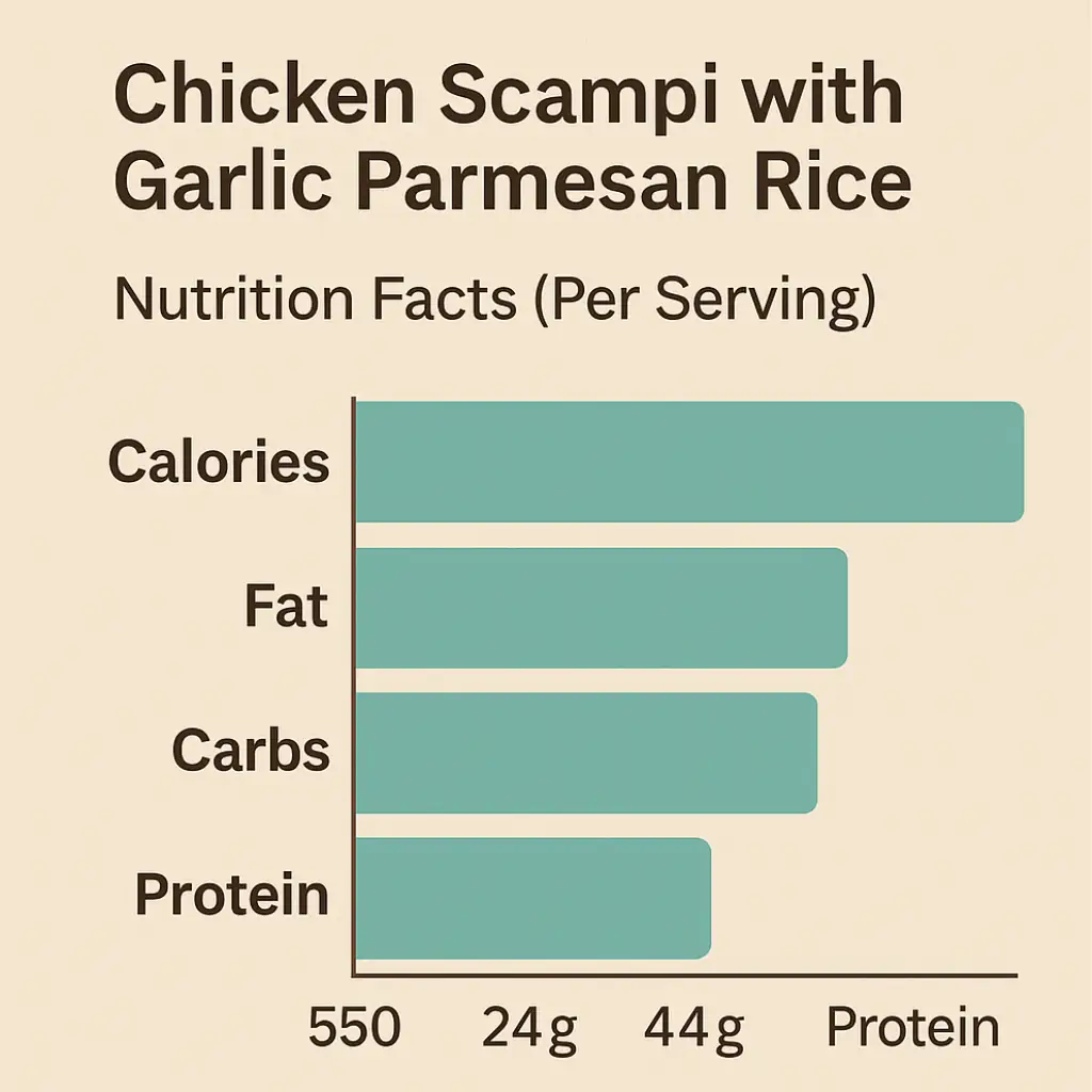 Bar chart showing nutrition facts for Chicken Scampi with Garlic Parmesan Rice including calories, protein, fat, and carbs per serving.