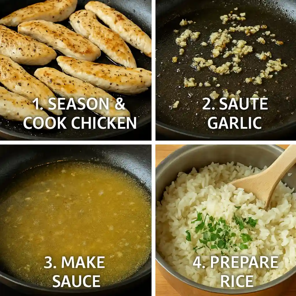 Step-by-step collage showing how to make Chicken Scampi with Garlic Parmesan Rice: sear chicken, sauté garlic, make sauce, cook rice.