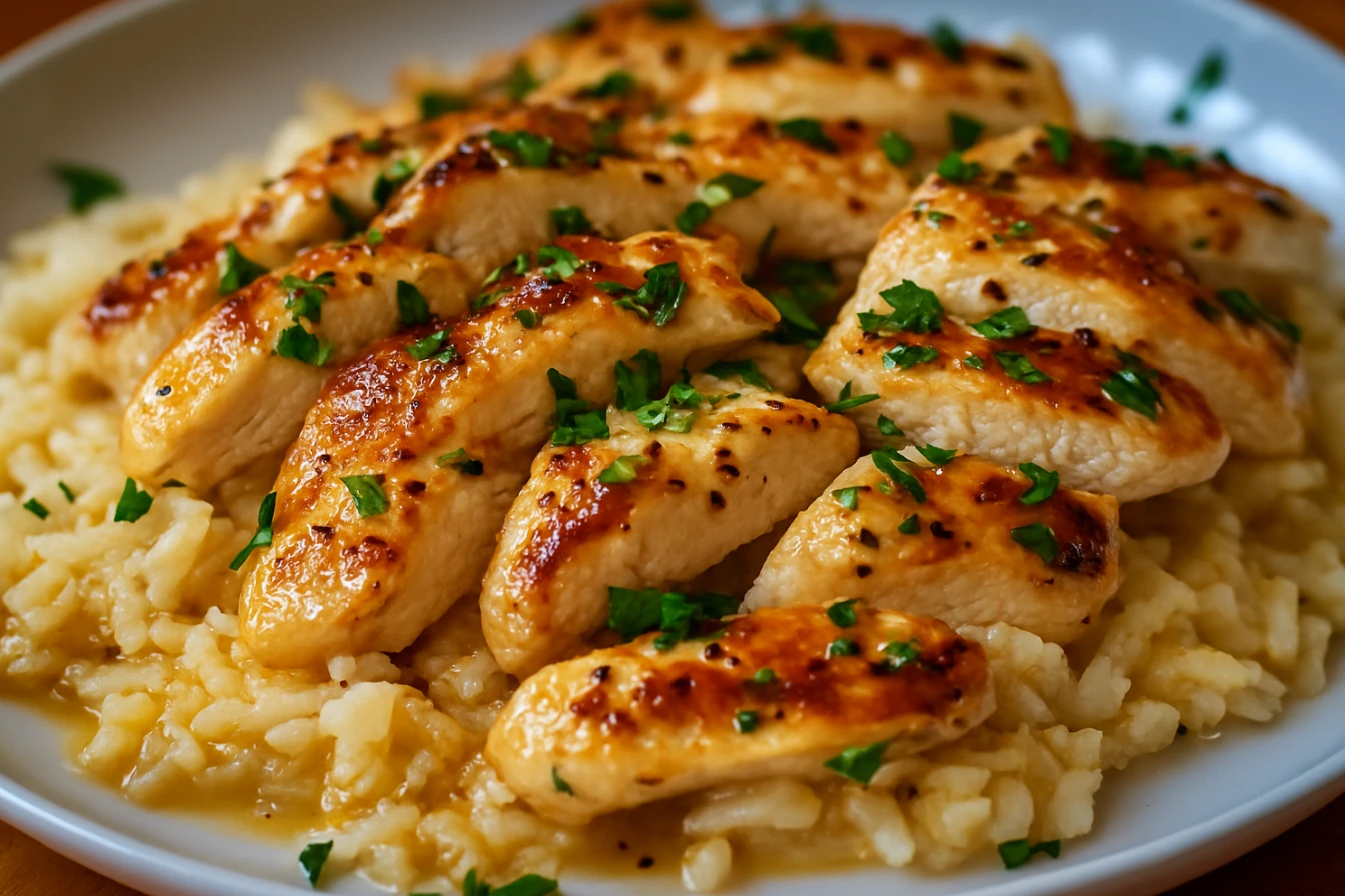 Chicken Scampi with Garlic Parmesan Rice served on a white plate, garnished with parsley and drizzled with lemon garlic butter sauce.