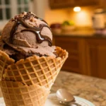 A scoop of homemade chocolate ice cream in a waffle cone with chocolate drizzle, placed on a kitchen countertop.