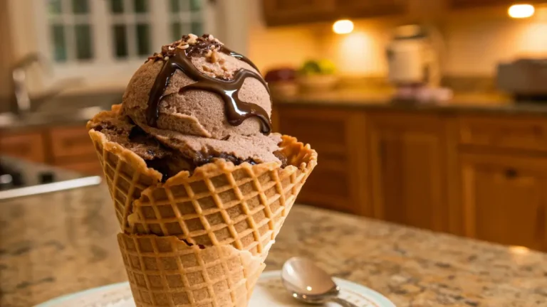 Make the Best Homemade Chocolate Ice Cream Recipe Today A scoop of homemade chocolate ice cream in a waffle cone with chocolate drizzle, placed on a kitchen countertop.