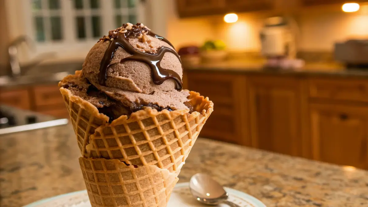 A scoop of homemade chocolate ice cream in a waffle cone with chocolate drizzle, placed on a kitchen countertop.