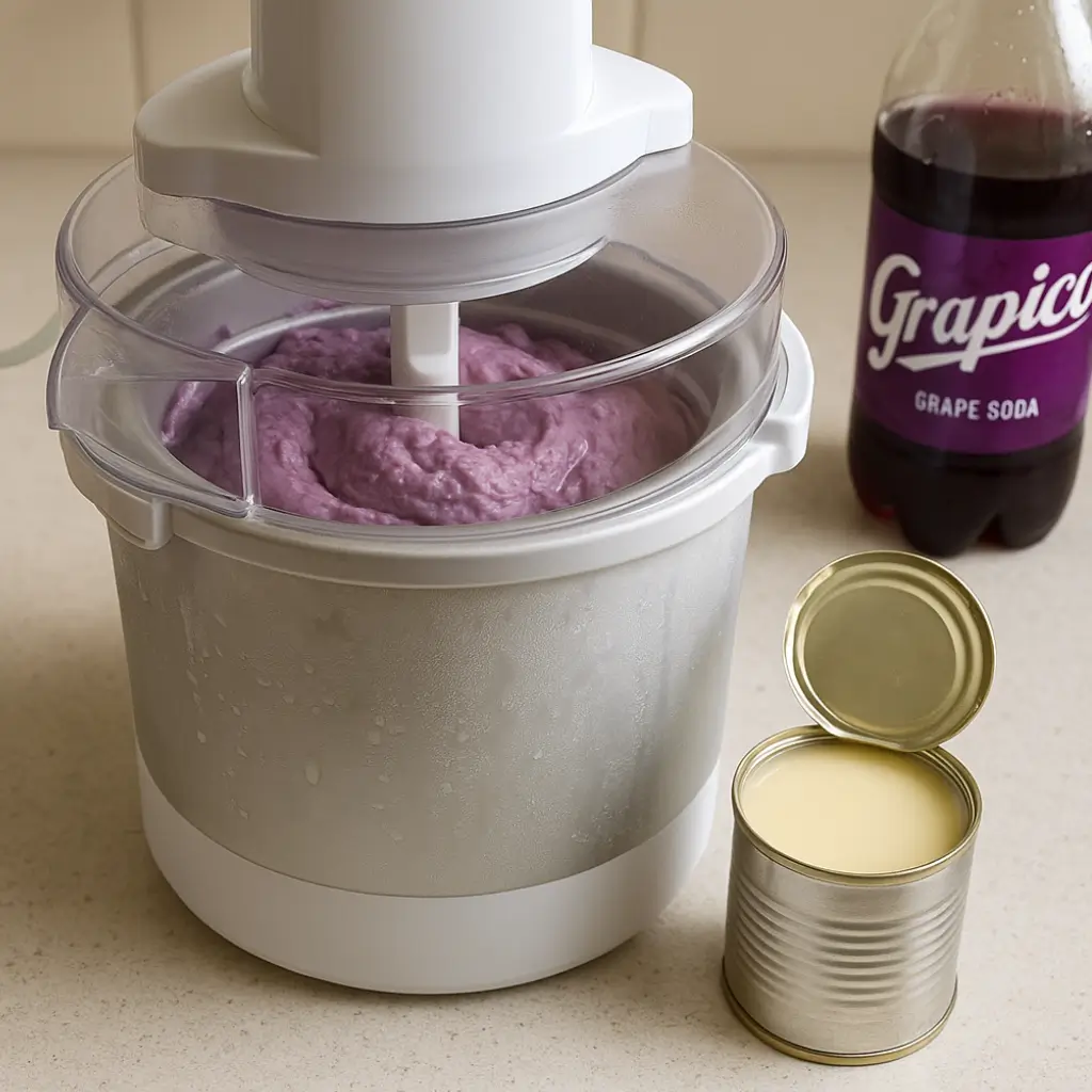 Homemade Grapico ice cream with condensed milk churning inside a countertop ice cream maker, surrounded by Grapico soda and condensed milk can on a kitchen counter.
