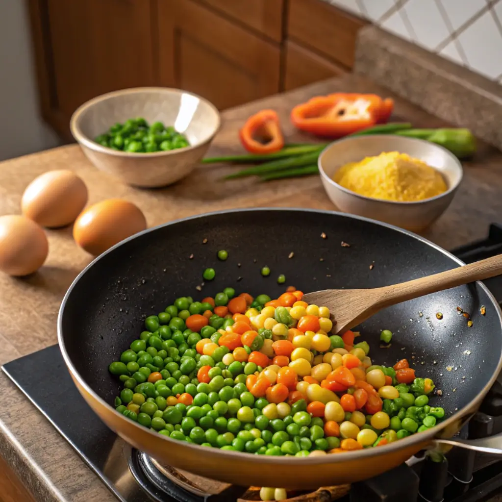 Butter sautéed vegetables and scrambled eggs in a skillet while cooking Freakin Fantastic Fried Rice
