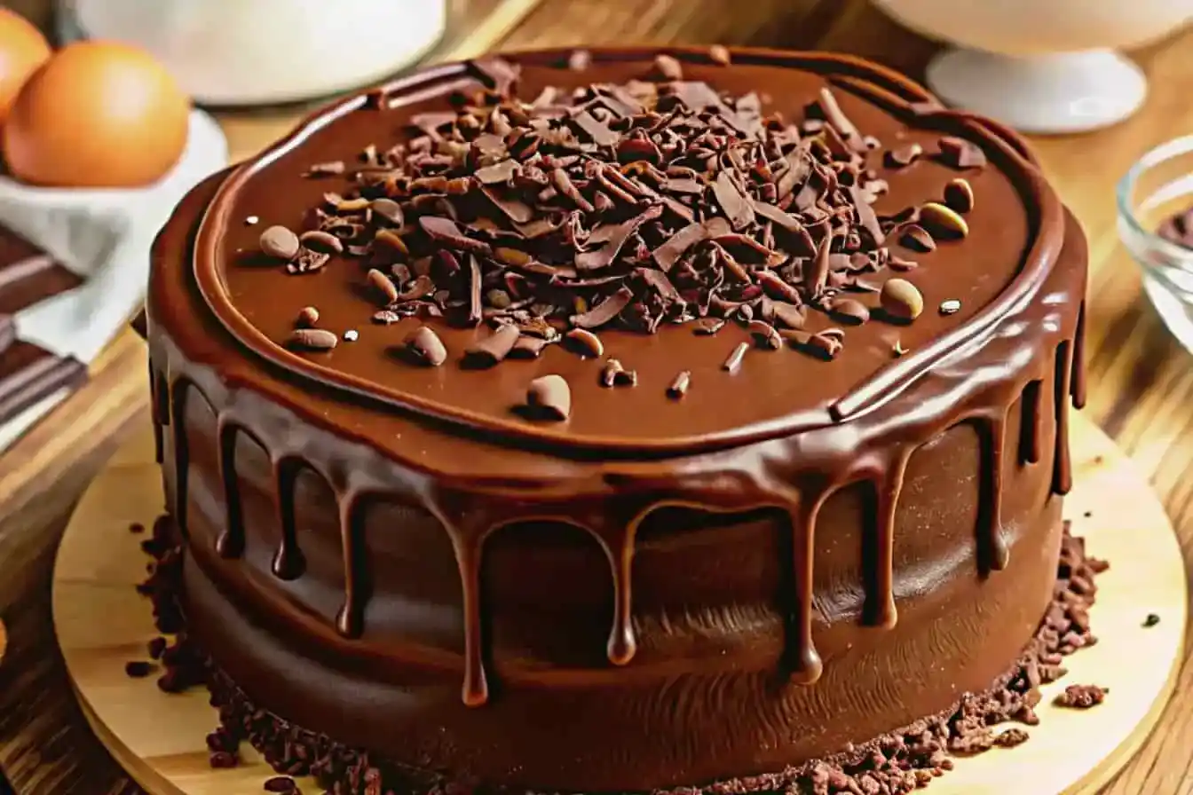 Rich chocolate cake with glossy homemade Costco-style chocolate icing and ganache topping, surrounded by ingredients like cocoa powder and chocolate bars.