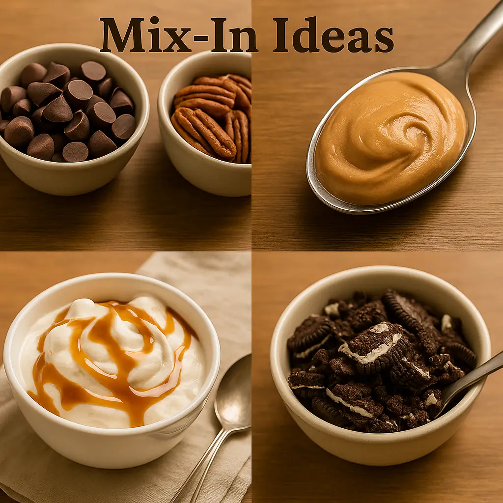 Four-part collage showing chocolate ice cream mix-ins: crushed cookies, caramel swirls, toasted nuts, and peanut butter ribbons for dessert variety.