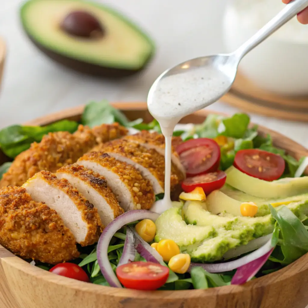 Crispy chicken salad topped with golden fried chicken slices, avocado, cherry tomatoes, red onions, corn, and leafy greens, with ranch dressing being poured from a spoon