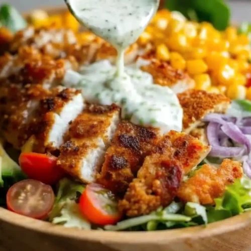 Crispy chicken salad with homemade ranch dressing served in a white bowl, topped with avocado, tomatoes, red onion, and cheddar.