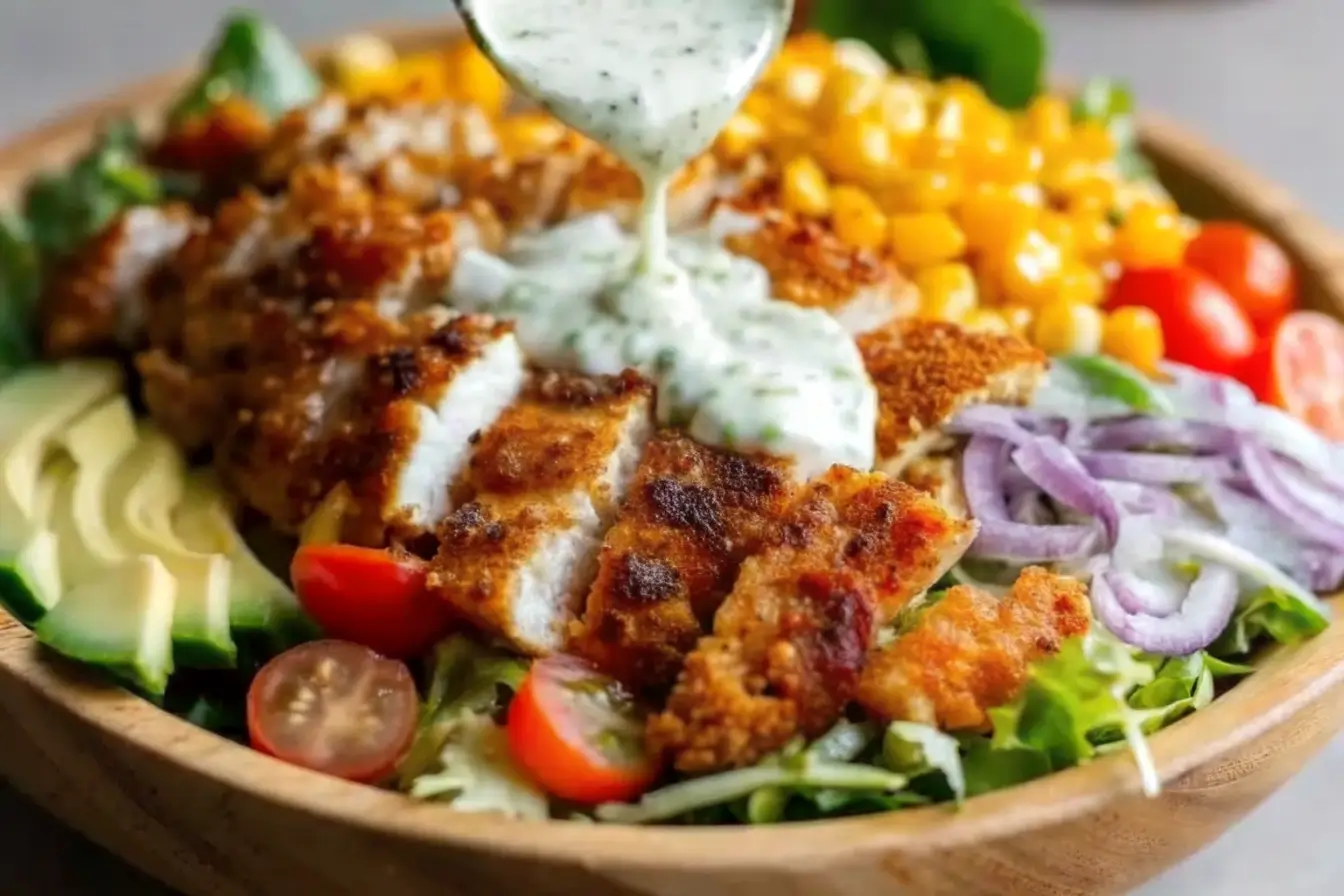 Crispy chicken salad with homemade ranch dressing served in a white bowl, topped with avocado, tomatoes, red onion, and cheddar.